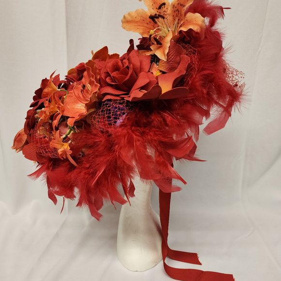 Elaborate Red Floral/Feather Derby Hat